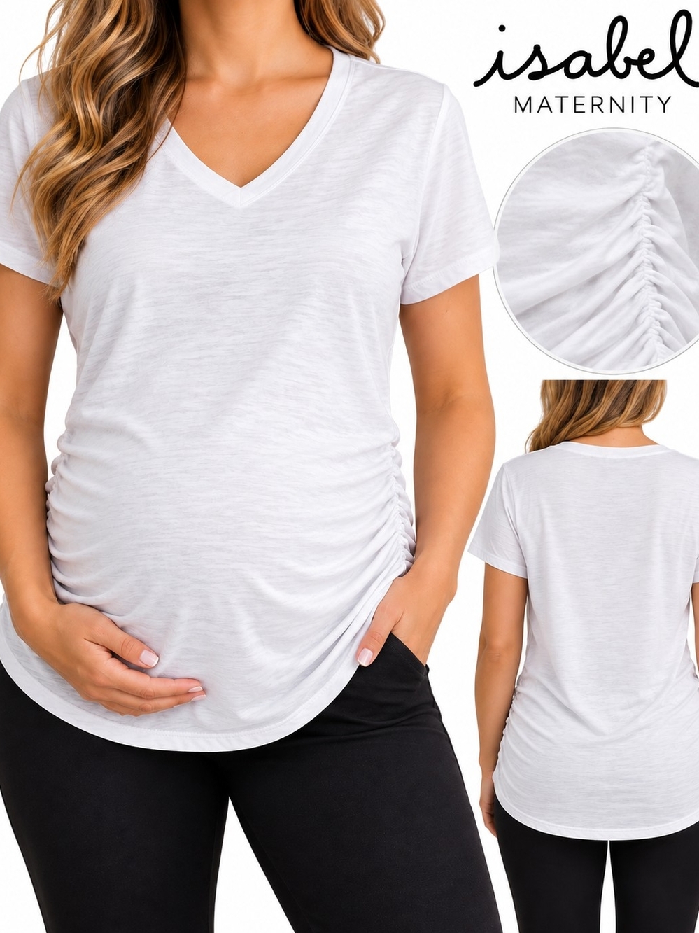 Isabel Maternity by Ingrid & Isabel White V-Neck Ruched Side Maternity Tee